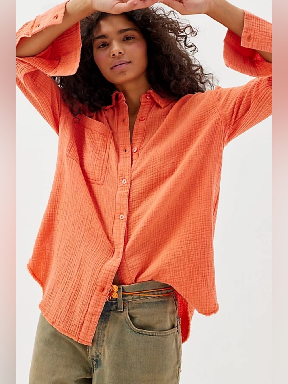 Urban Outfitters UO Lucy Textured Button-Down Shirt in Tangerine NWT Small